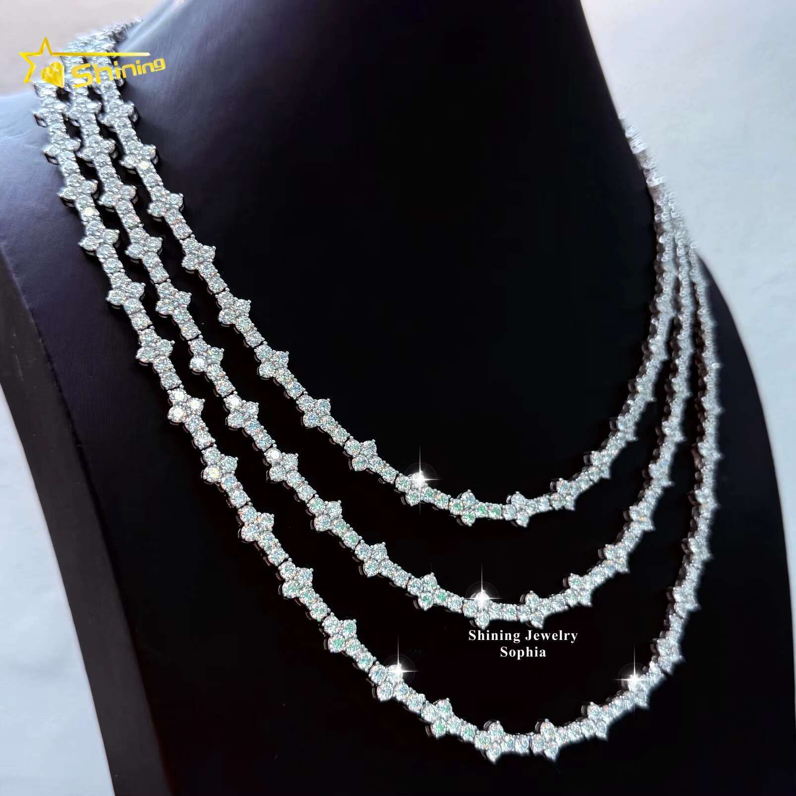 Hot Selling Hip Hop Moissanite Chokers Necklace S925 Silver Gold Plated 3mm VVS Moissanite Cross Tennis Chain