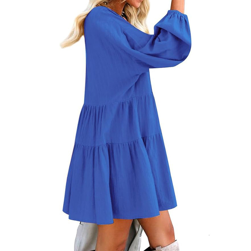 Loose long sleeved dress fashionable V-neck solid color splicing large swing lantern sleeve dress