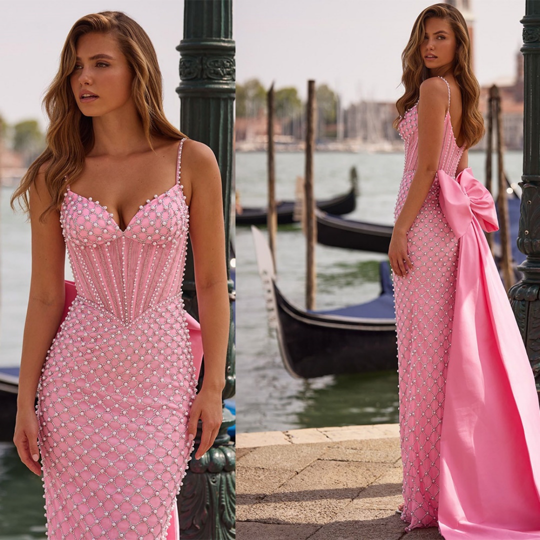 Graceful Evening Dresses Mermaid Strapless Pearls Bow Beads Formal Occasion Backless Prom Gowns Party Dresses Custom Made Vestidos de noche