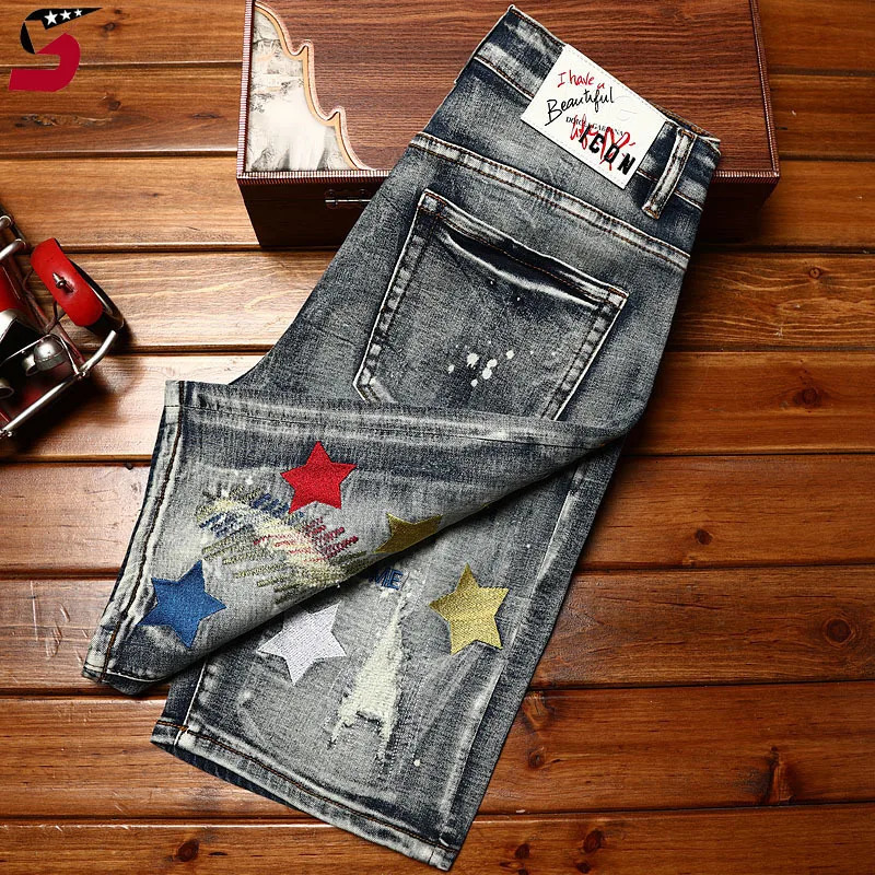 High end fashion ripped denim shorts mens summer embroidery trend retro Distressed fashion casual motorcycle shorts 250402