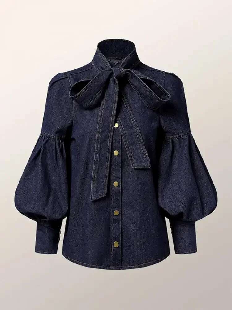 Gymystars New Trendy Imitation Denim Blouse Tops For Women Long Puff Sleeves Bow-Embellished High Neck Women's Autumn Shirts