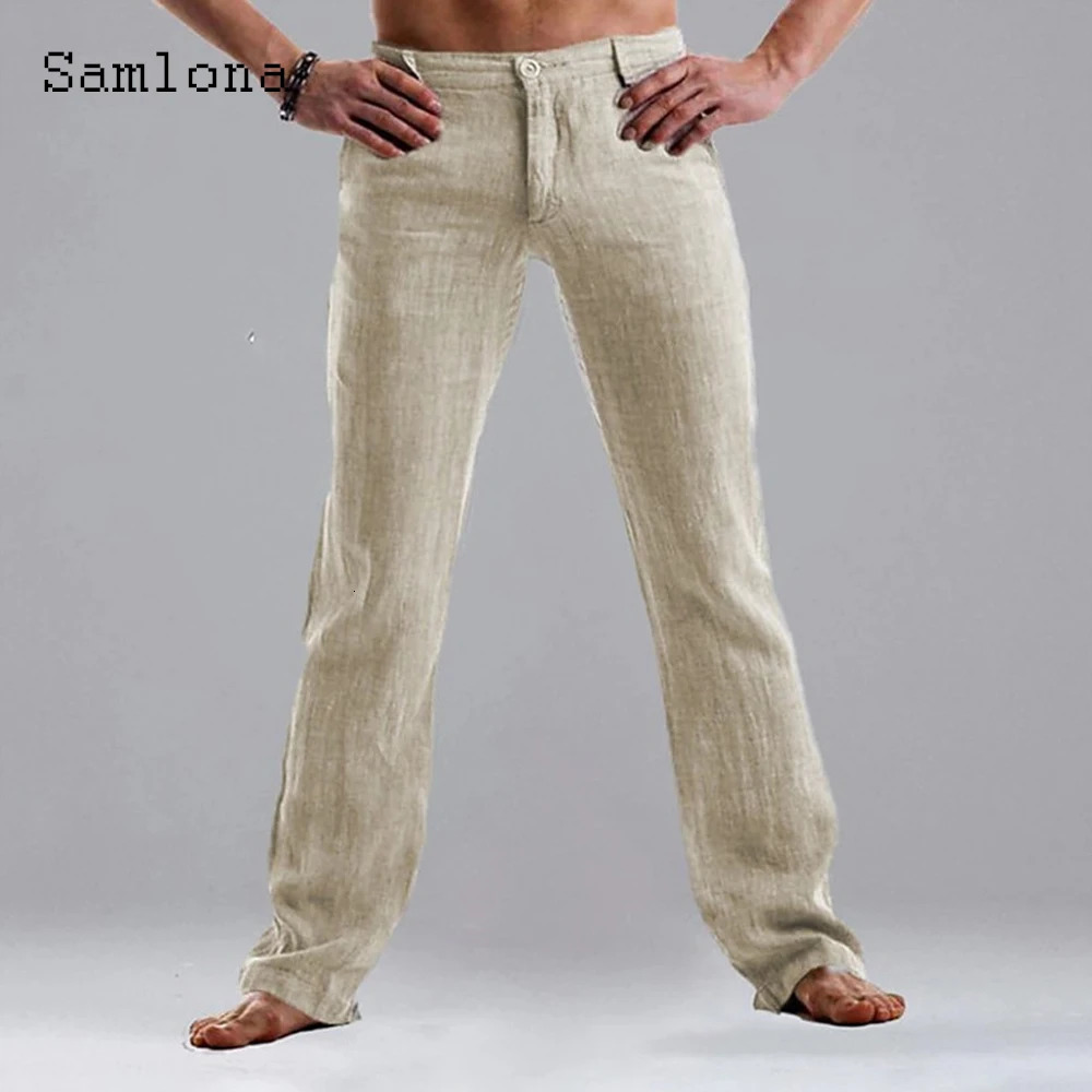 Samlona Mens Casual Linen Pants Solid Elastic Waist Loose Straight Trouser Plus Size 3xl Mens Fashion Leisure Beach Pants 250402