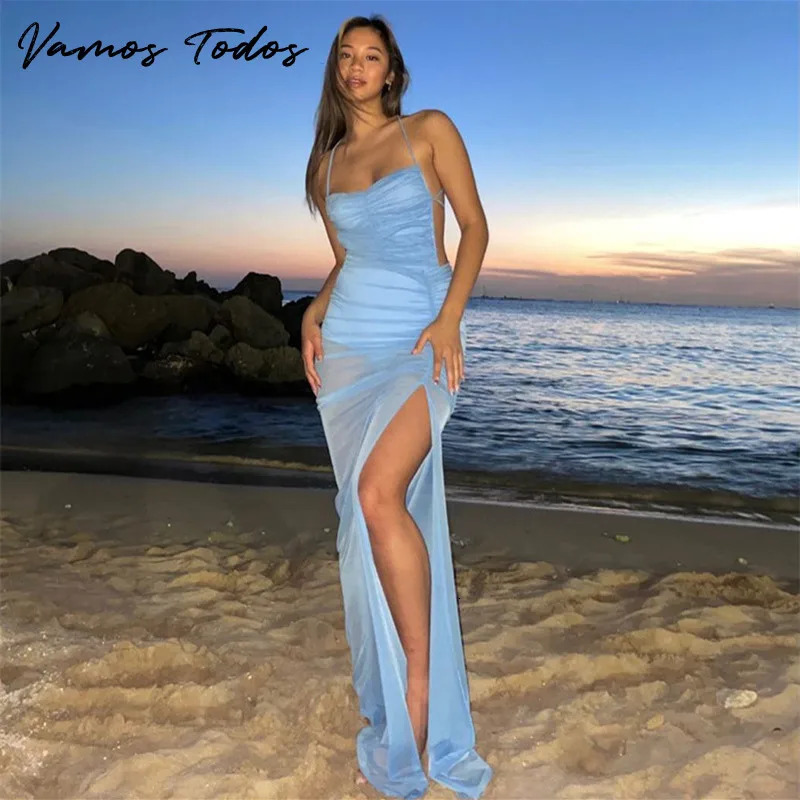 Vamos Todos Summer Womens Party Wedding Dress Solid Gauze Shoulder Strap Hollow Split Vestido Feminino 250403