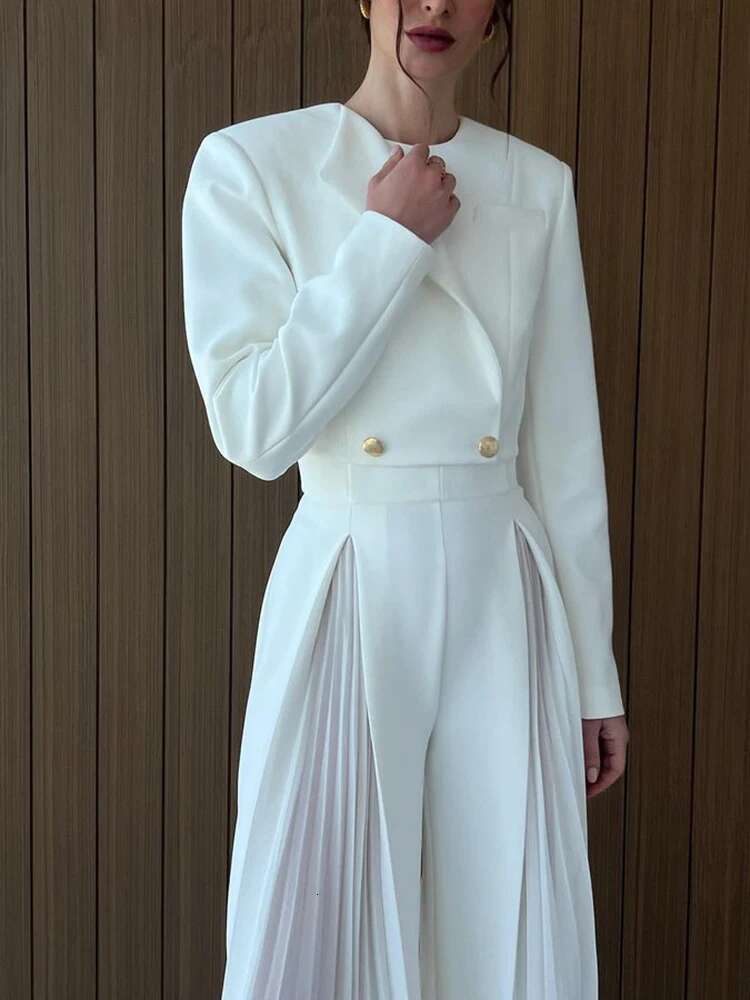 VGH Temperament White Blazers For Women Notched Collar Long Sleeve Spliced Buttonts Elegant Vintage Blazer Female Fashion Style