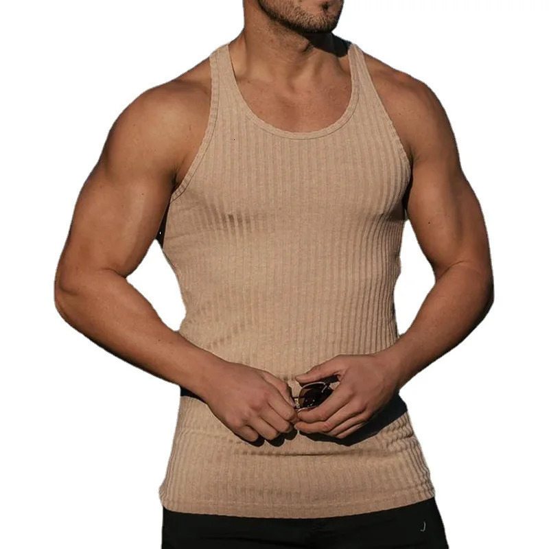 Summer Mens Vest Knitted Vertical Stripes Fitness Sports Leisure Slim Vest I-Shaped Sleeveless Top 250402