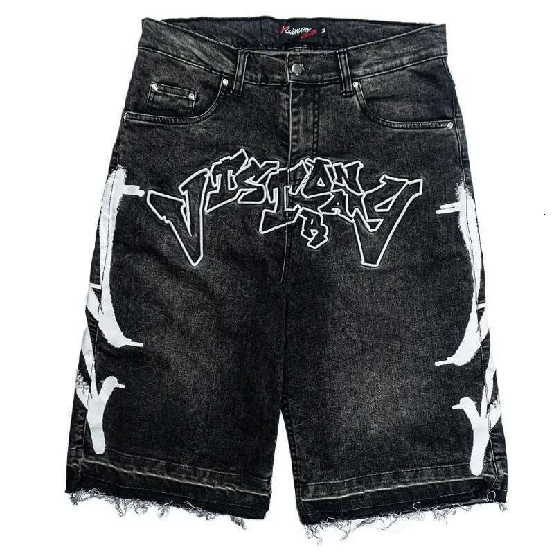 New Haruku Letter Embroidery Black Jeans Hip Hop Vintage Baggy For Men Casual Gym Denim Shorts Streetwear