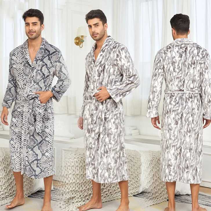 Autumn Winter Flannel Mens Long Robe Print Sleepwear Thicken Warm Kimono Bathrobe Gown Nightwear Loose Coral Fleece Home Wear C251104