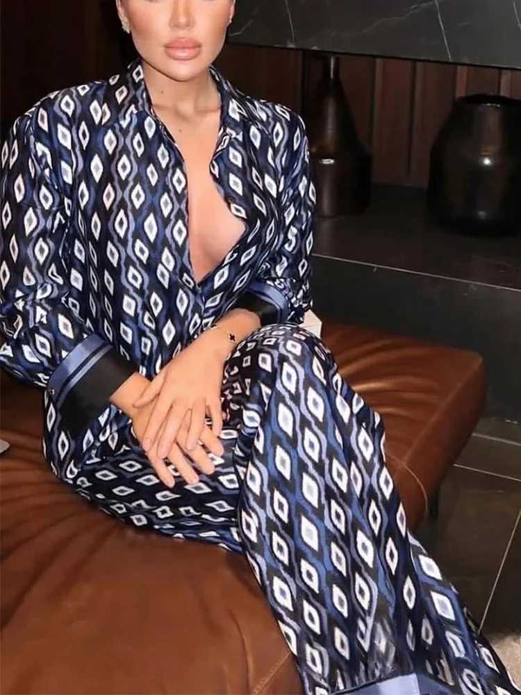 Designer KONDALA Vintage Blue Geometric Print Women Suits Long Sleeve Loose ShirtsHigh Waist Wide Leg Pants Fashion 2025 Holiday Suits Y251104