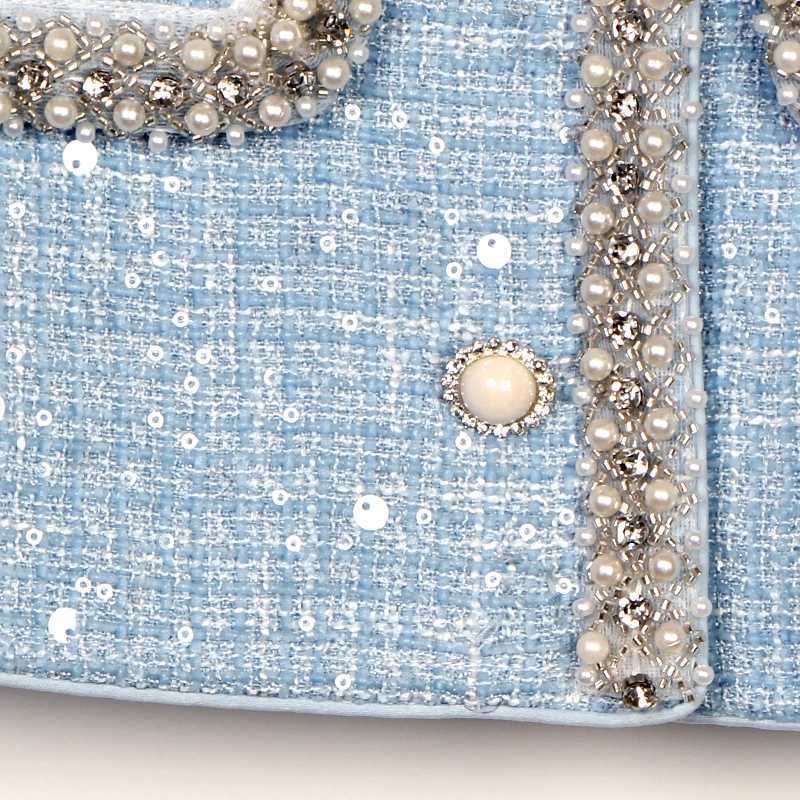 New fashion Glacier Blue woven wool heavy industry nail bead sequins celebrity temperament small fragrance style jacket J251103