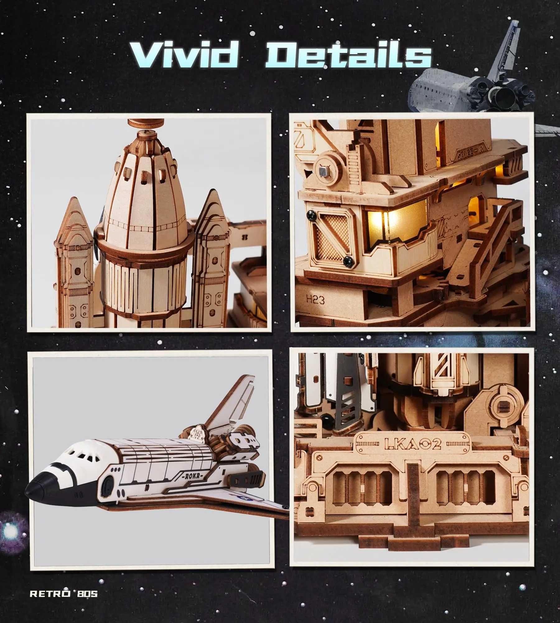 ROKR Space Shuttle 3D Wooden Puzzle Moving Rocket Launch Tower with Lights Mechanical Building Set STEM Project for Adults Teens C251104