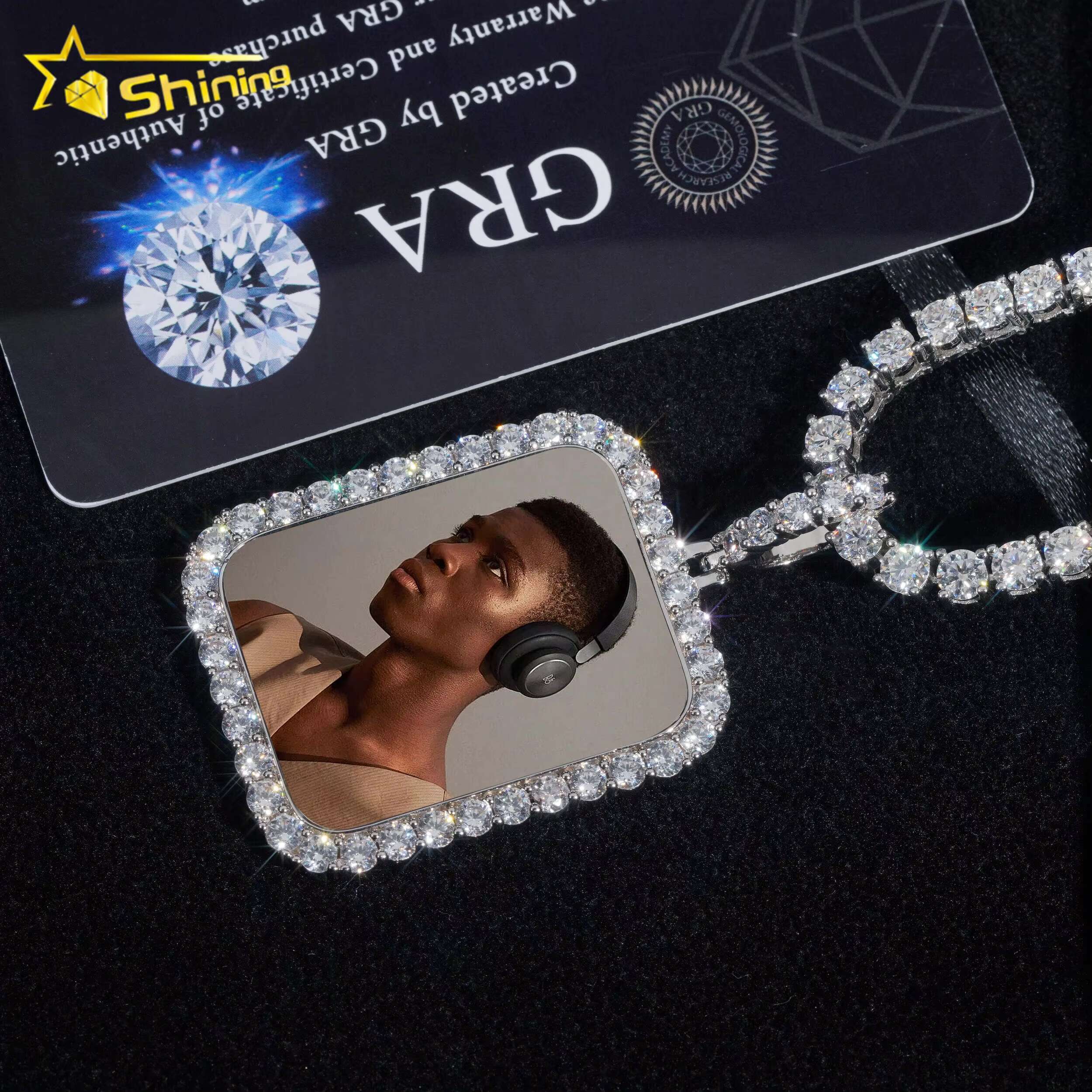 Custom Picture Pendants Rectangle Shape Silver 925 Hip Hop Moissanite Memory Pendant