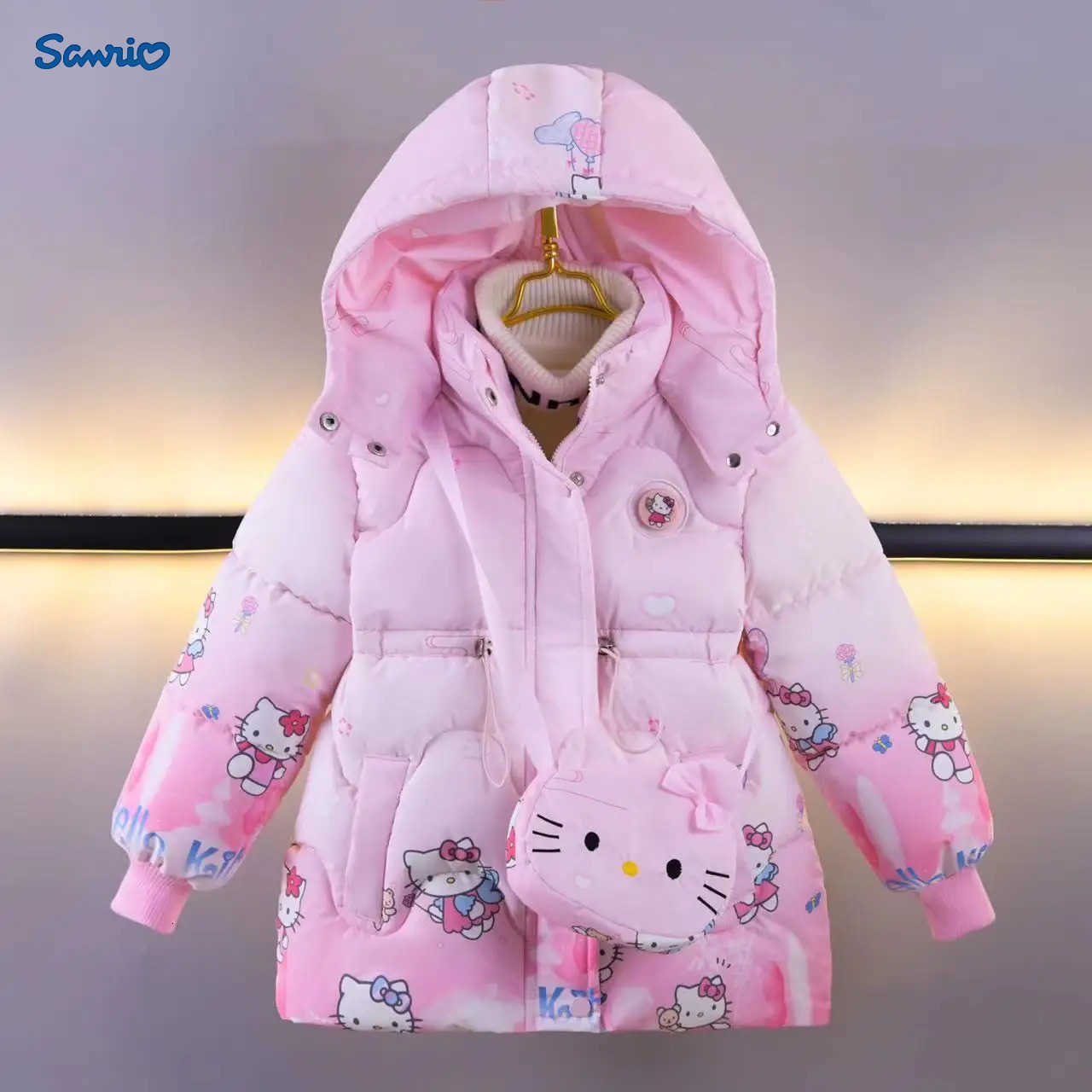 Sanrio Baby Girl Outerwear New Winter Children Cartoon Hello Kittys Printed Plush Thick Warm Princess Coat Zipper Hooded ParkaBag Gift H251104