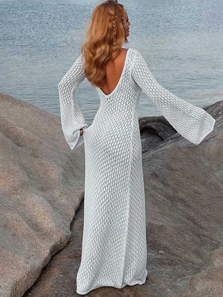 Trendix Knitted Crochet Cover Up Dress Women White Hollow Long Slve Maxi Dresses Vacation V Neck Backless Beach Dress Femme X250403