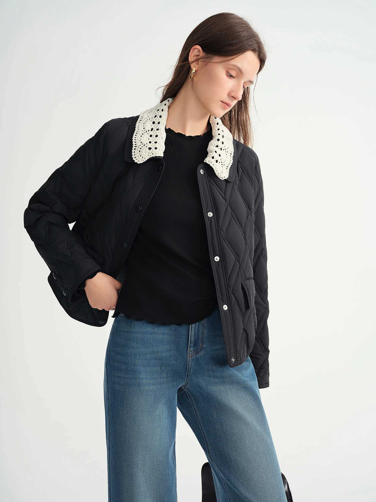 DUSHU Plus Size Womens Quilted Down Coat with Crochet Lace Collar Winter 2025 Fashion Warm Short Puffer Jacket Outerwear J251104