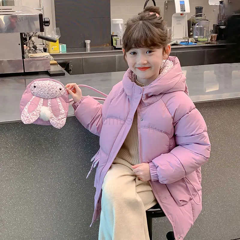 Sanrio Girls Winter Down Jacket 2025 New Design Thickened Long Coat with Bunny Ears Kids Cotton Winterwear H251104