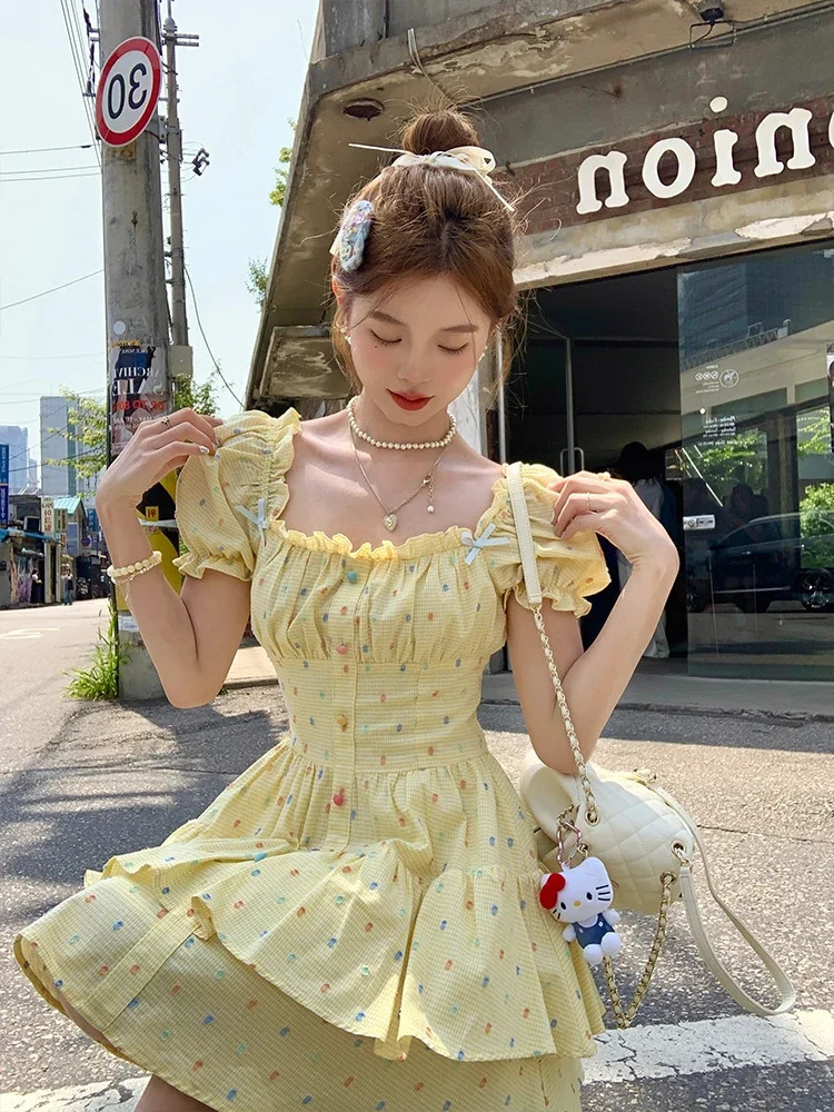 High Quality Selling Yellow Square Neck Bubble Sleeve Polka Dot Dress Women French Sweet Waist Cinching Dress Vestido Y2k 250403