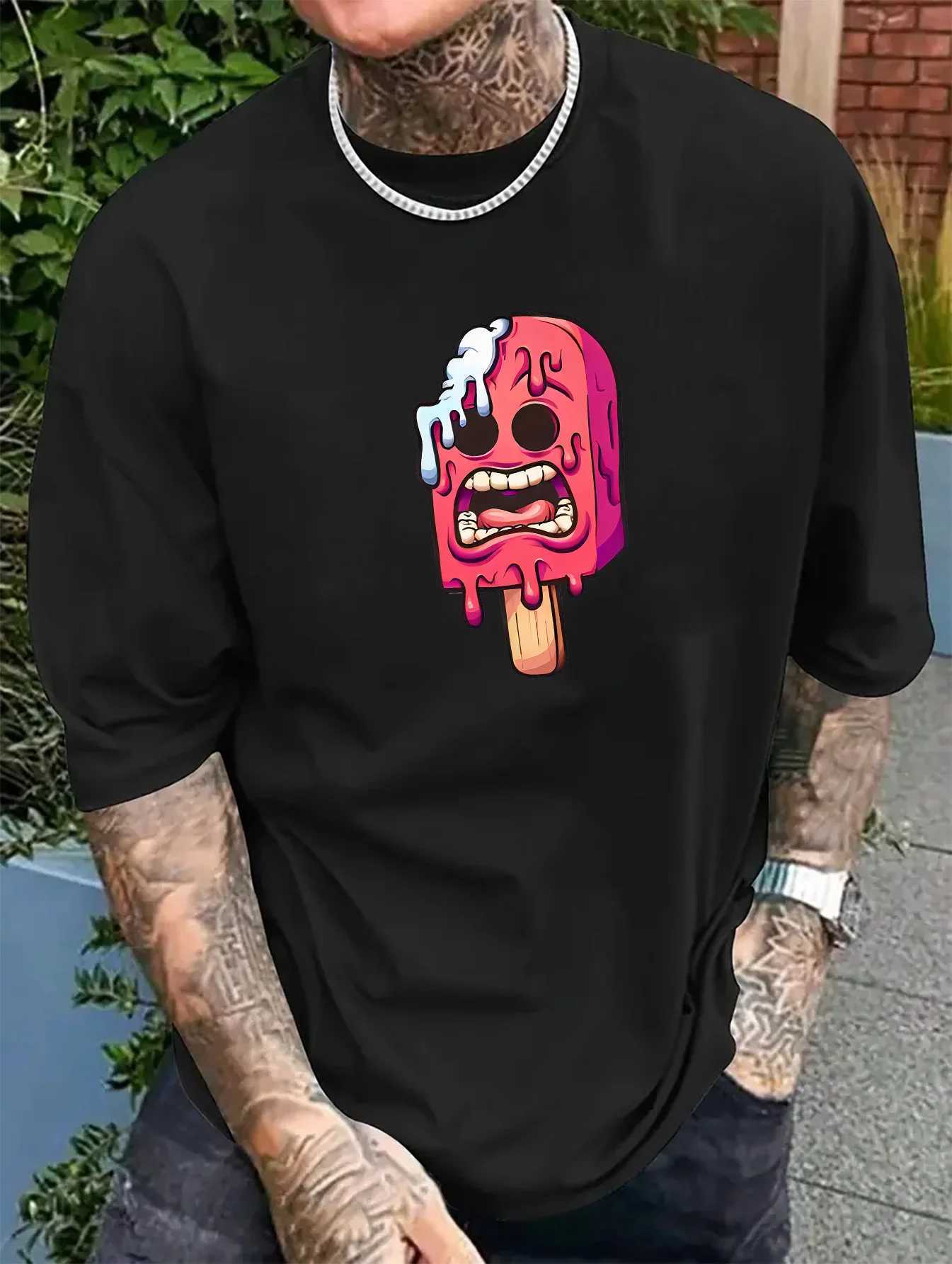 Mens Pink Ice Stick Graphic T-shirt - Fun Cartoon Design Casual and Comfortable Polyester Fiber Short Sleeve Retro Summer Top W250403