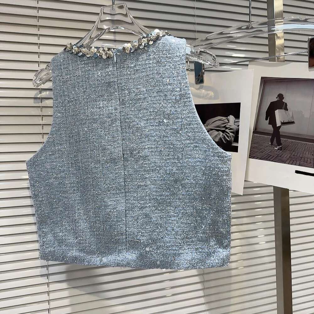 PREPOMP 2024 Summer New Arrival Sleeveless Sier Sequins Embroidered Beadings Vest Tweed Shorts Two Piece Set Outfits Gr649