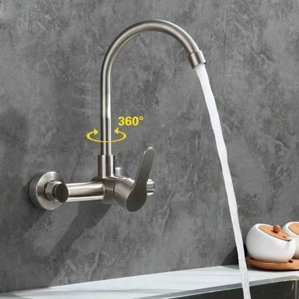 304 Stainless Steel Wall Mount Kitchen Faucet Mixer Kitchen Sink Faucet 360 Degree Rotation Hose Double Hole Faucet Y251104