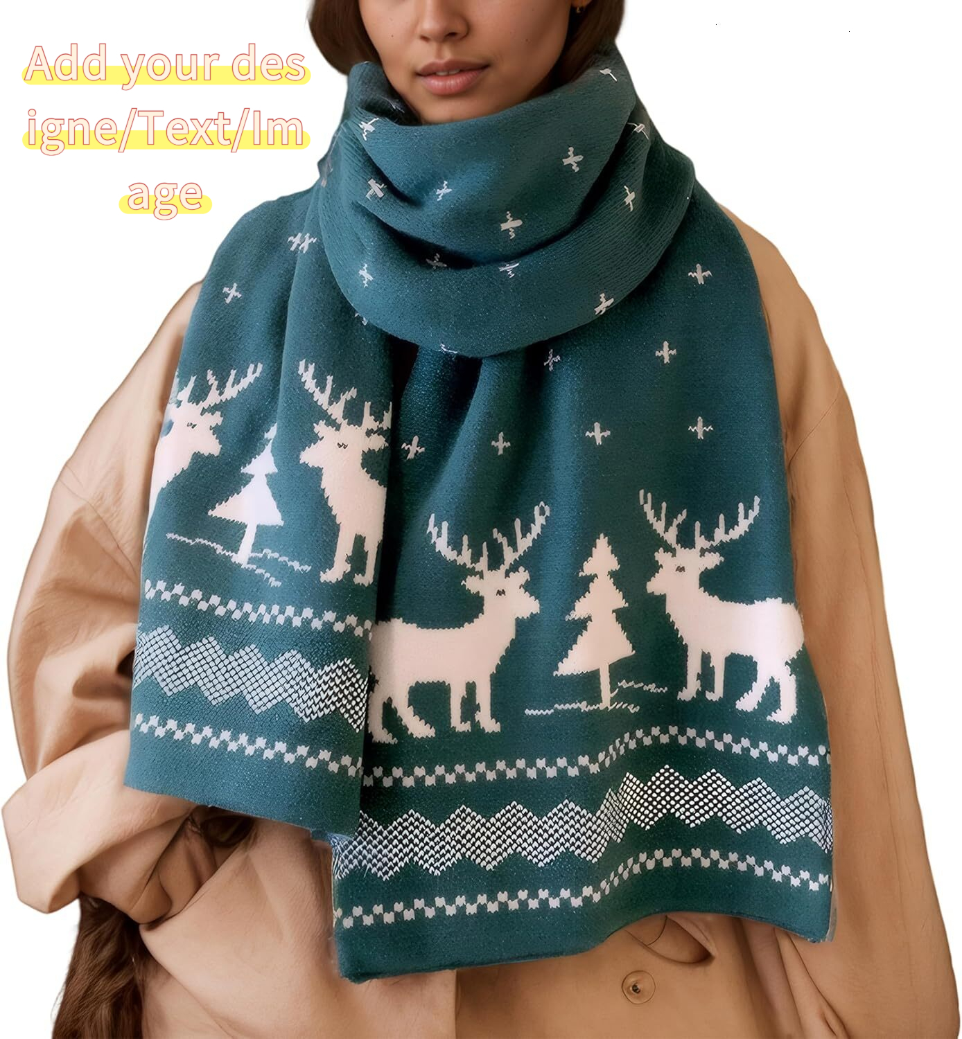 Custom Fall Winter Soft Knit for Women Men Boys Girls Christmas Scarf with Reindeer and Snowflake Pattern Green