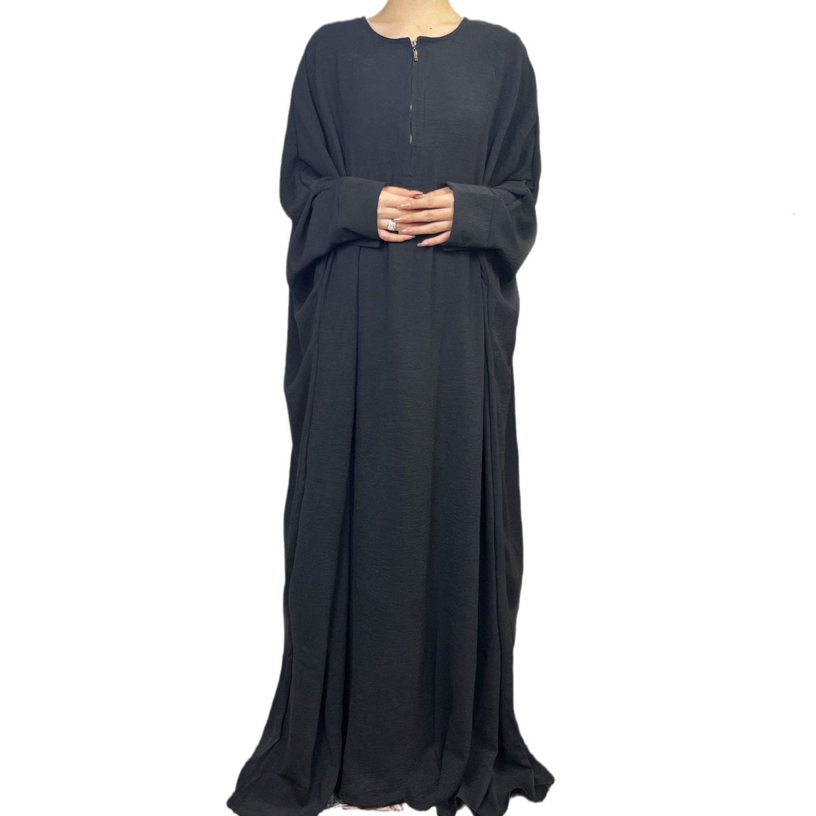 Fashion Solid Color Bat Sleeve Robe Zipper Adhesive Button Integrated Women's Dress Abaya Maxi Dresses Islamic Clothing