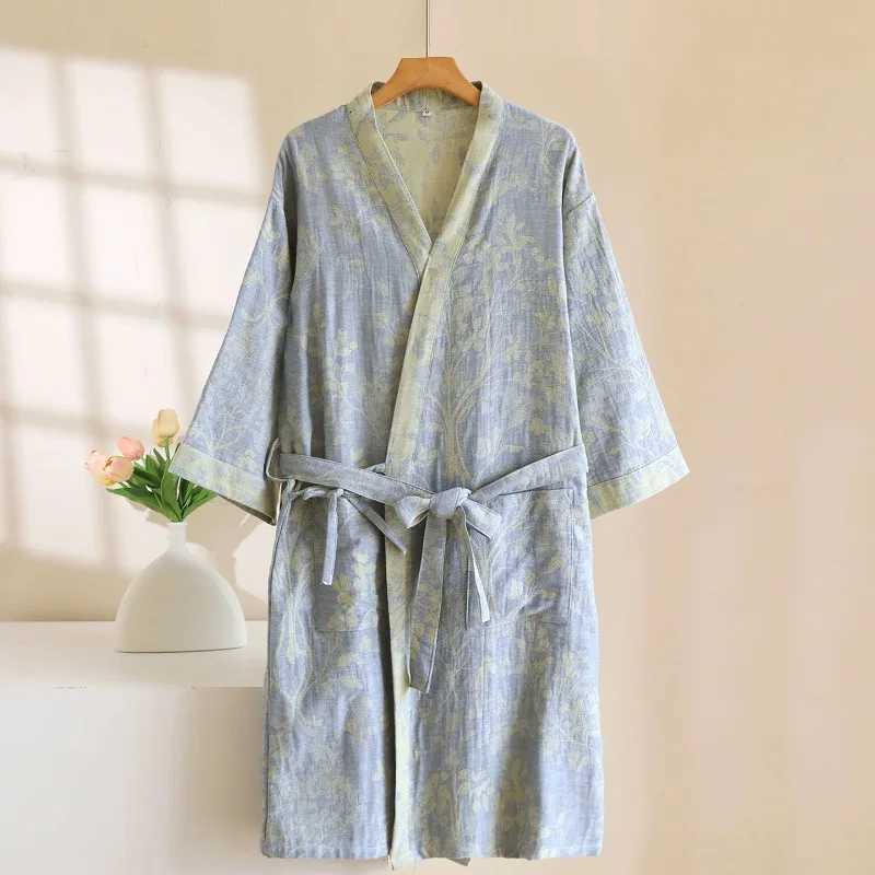 2025 New Womens Spring/Summer Sleeping Robe 100 Cotton Gauze Color woven Jacquard Bathrobe Quick drying Robe Sleepwear C251104