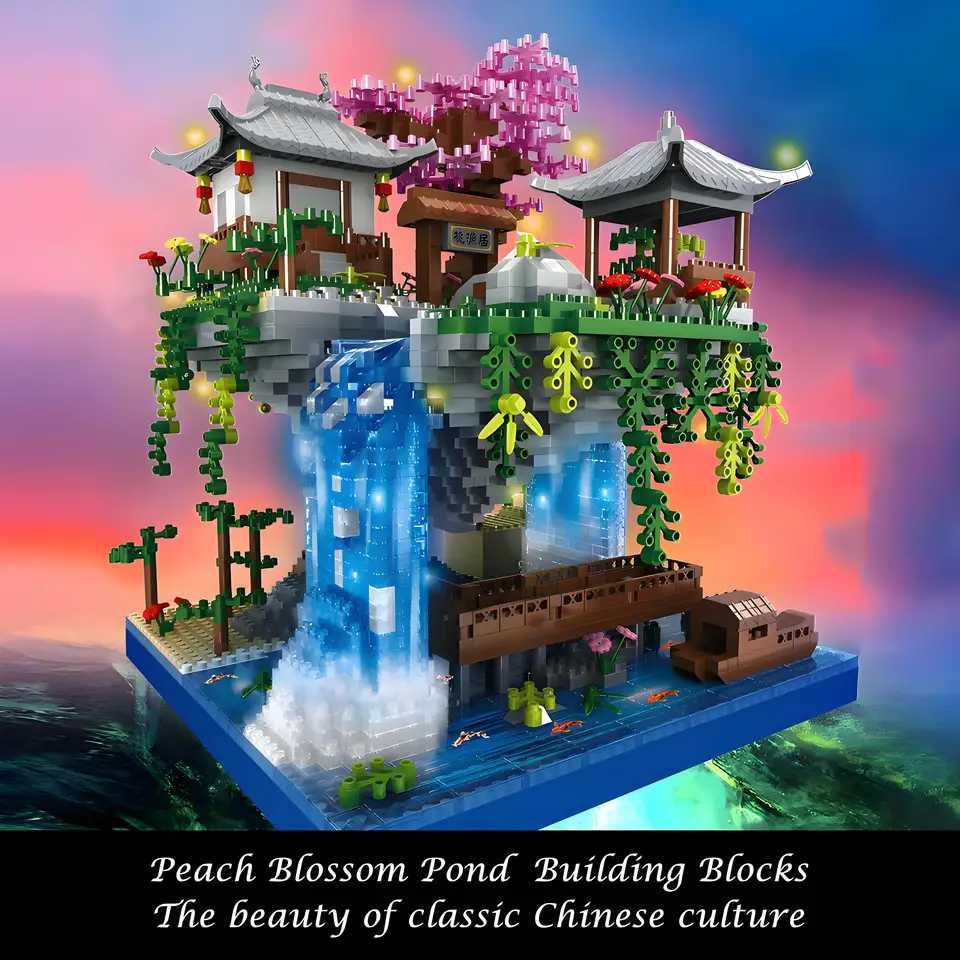 Peach Blossom Lake Building Blocks Micro Building Set Tranquil Garden with Flowers and Lights A Floating Architecture Model C251104