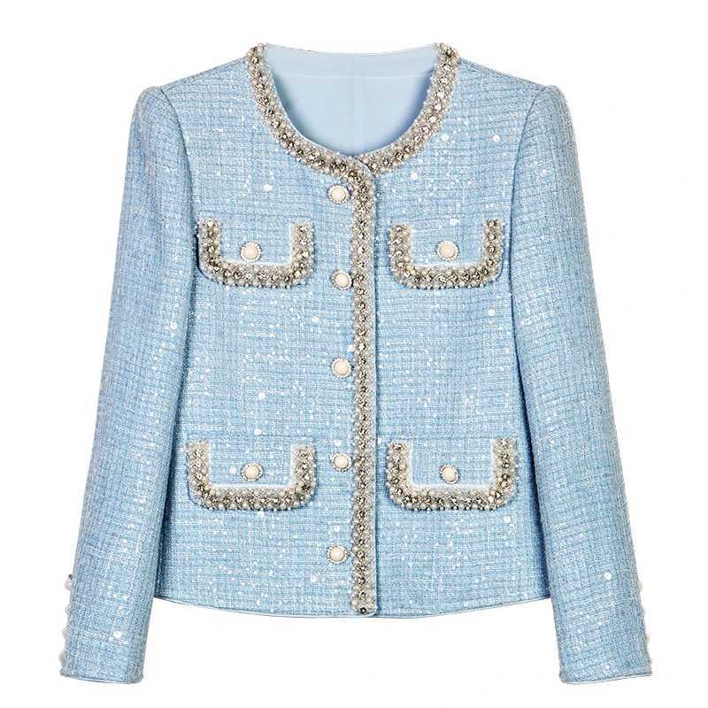 New fashion Glacier Blue woven wool heavy industry nail bead sequins celebrity temperament small fragrance style jacket J251103