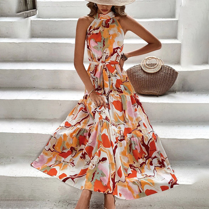 2025 Summer Womens New Bohemian Printed Sleeveless Large Swing Ruffle Edge Dress