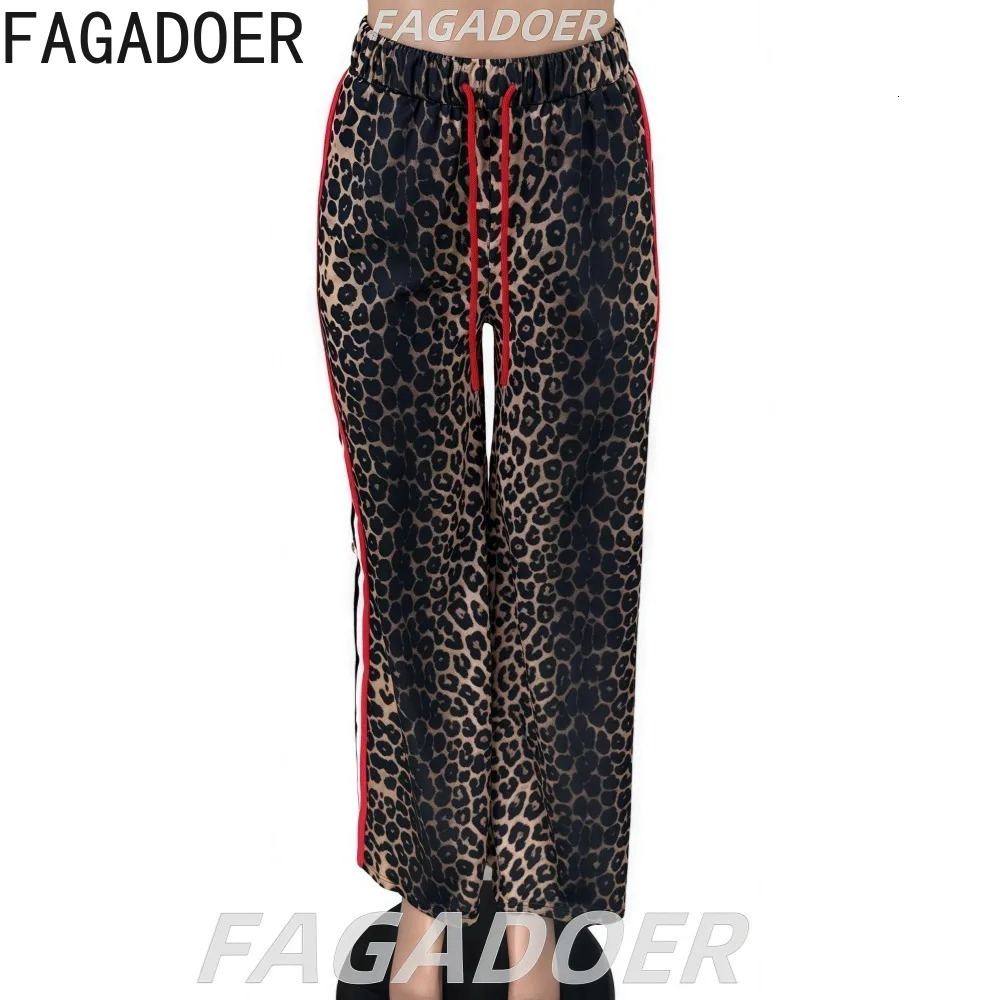 FAGADOER Casual Leopard Print Straight Pants Women Drawstring Stripe Patchwork Wide Leg Pant Trousers Female Streetwear Bottoms 250403