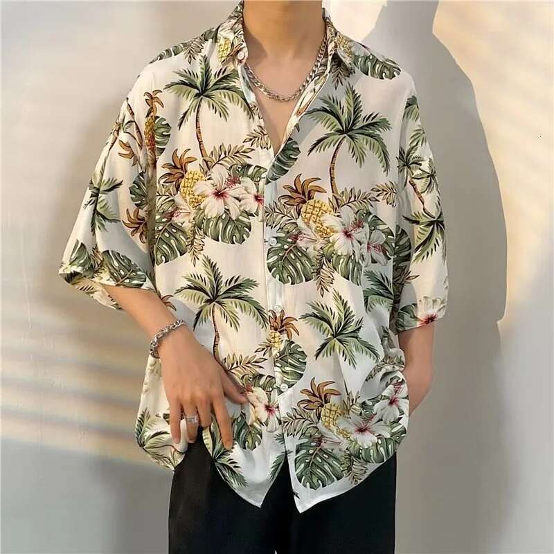Hawaiian Shirt Men's summer casual fashion short sleeve button-down lapel shirt Beach Palm print loose top
