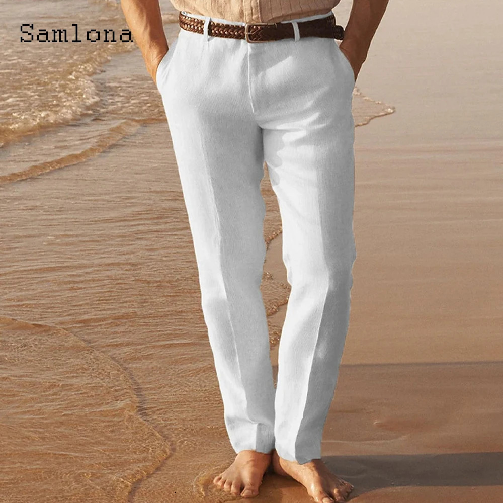 2025 Mens Casual Pocket Linen Pants Solid White Gray Trouser Plus Size Mens Elegant Fashion Sweatpants Men Daily Beachwear 250402