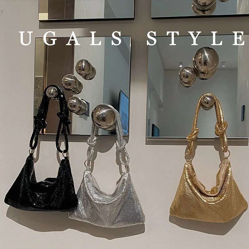 Fashion Metal Mesh Women Shoulder Bags Designer Gold Handbags Shinny Knot Strap Evening Bag Glitter Large Tote Party Purse 2023