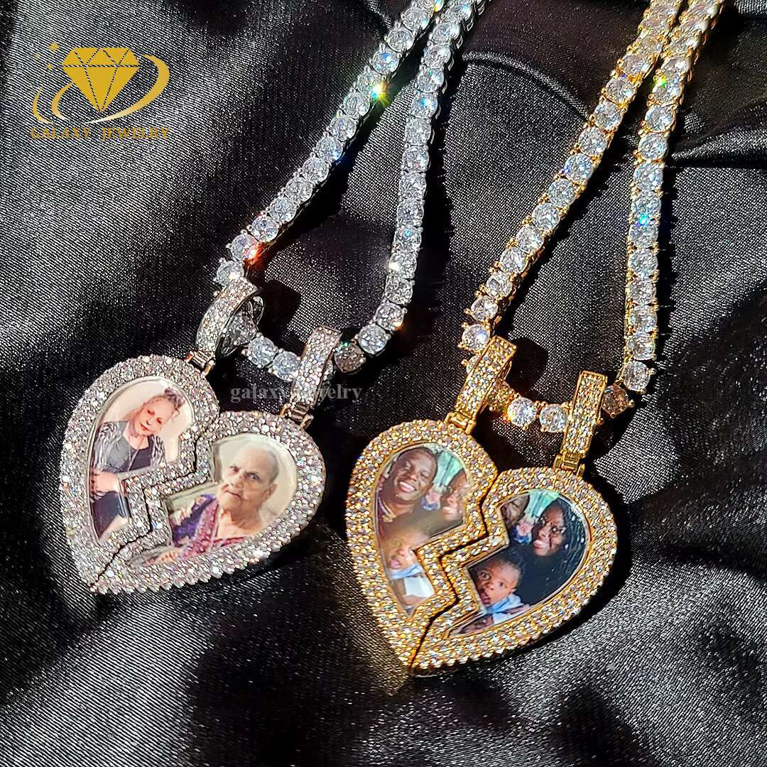 Hip Hop Anniversary Gifts Picture Pendant Tennis Chain Ice Moissanite 925 Silver Heart Shape Memorial Photo Pendant Necklace