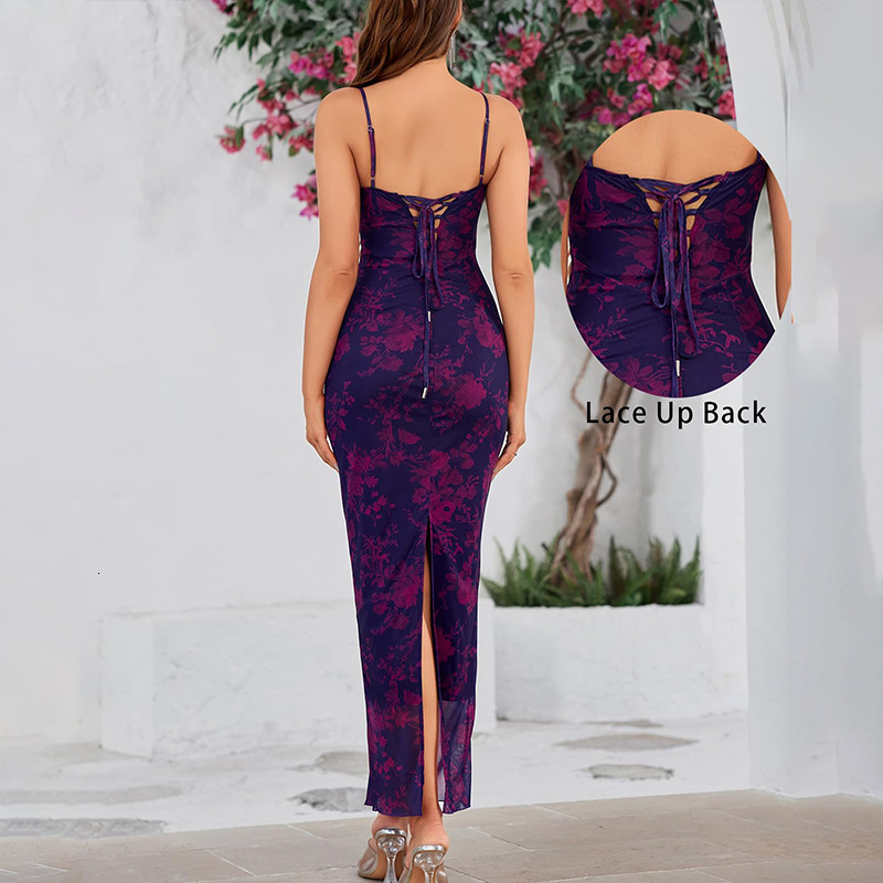 New womens sexy slim fit camisole strapless lace back lace up slit dress