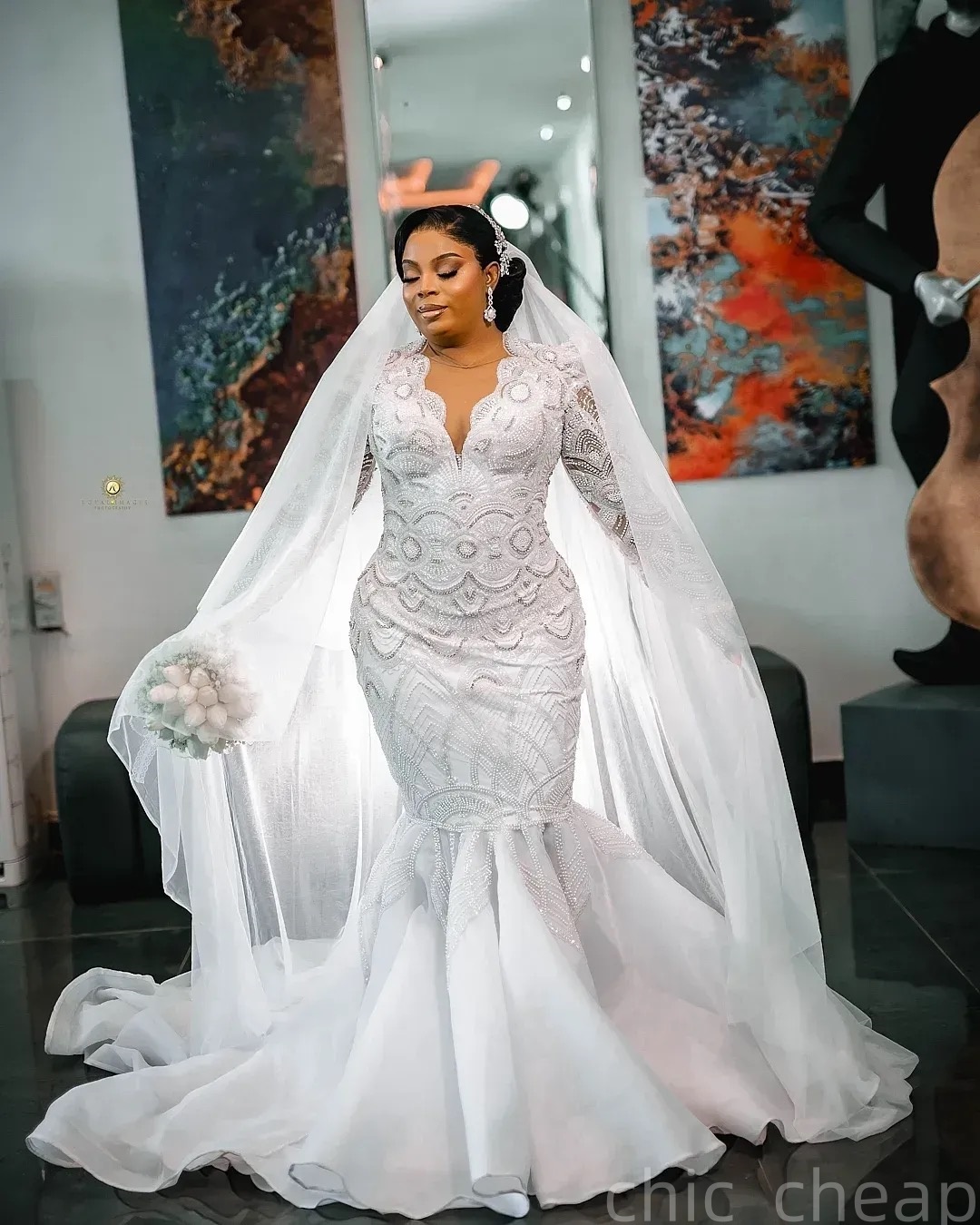 2025 Arabic Aso Ebi Plus Size White Wedding Dress Beaded Crystals Full Sleeves Organza Luxurious Bridal Gowns Dresses ZJ0557