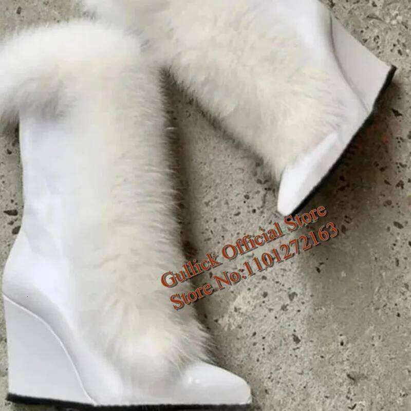 Newest Fur Tassels Woman Wedge Sexy Pointed Toe Beige Brown White Suede Winter Warm Wedged Heels Mid-Calf Boots