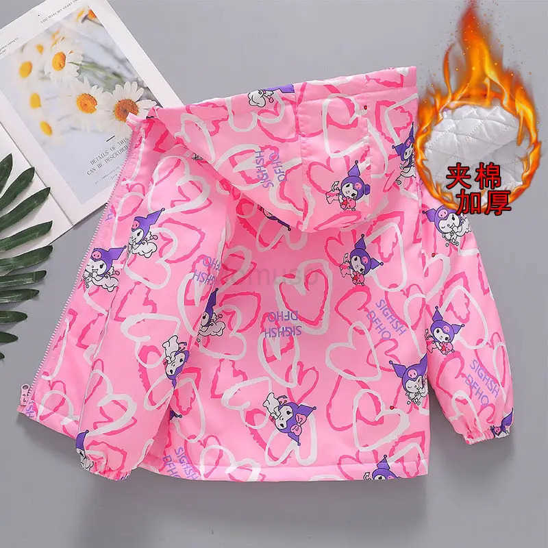Sanrio Kuromi Girls Hooded Coats Autumn Winter Children Cotton Clip Jackets Spring Teen Kids Casual Fashion Outerwear Windbreaker H251104