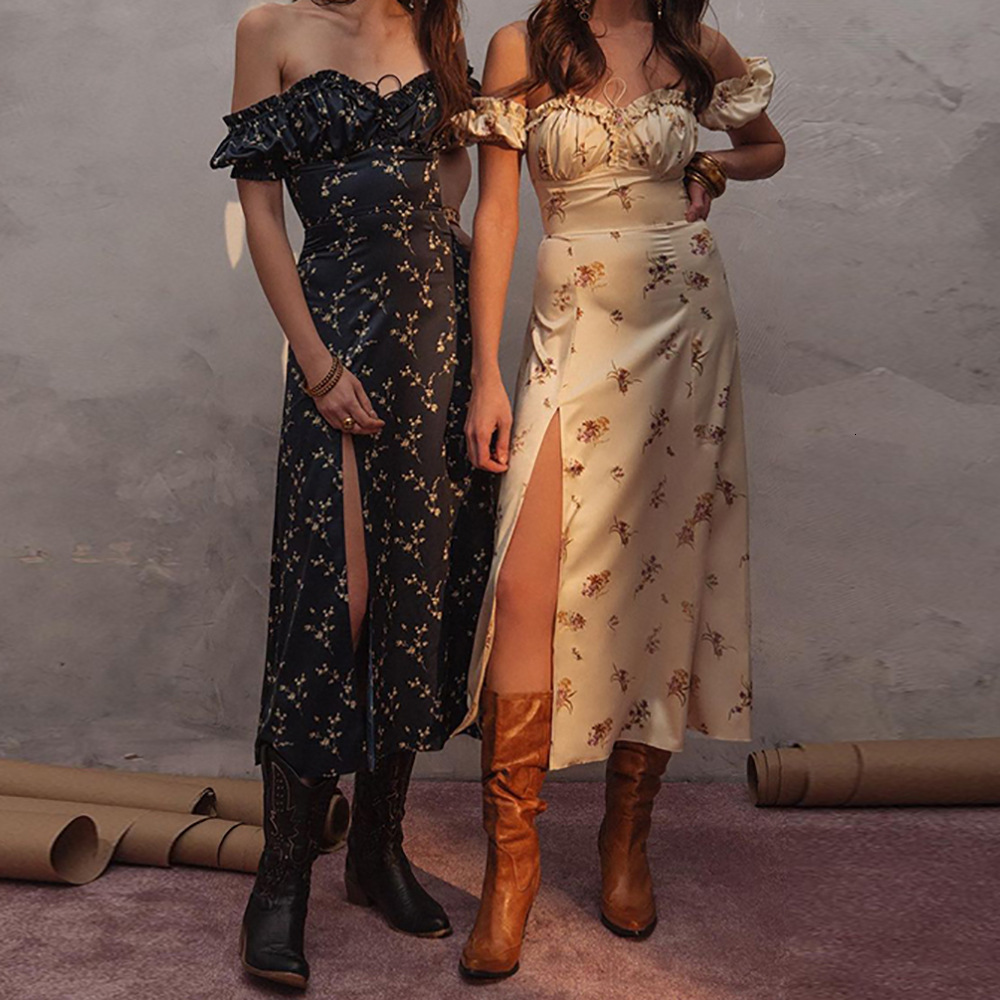 2025 Spring/Summer Womens Bohemian Floral Western Skirt strapless high waisted slit slim fit princess dress