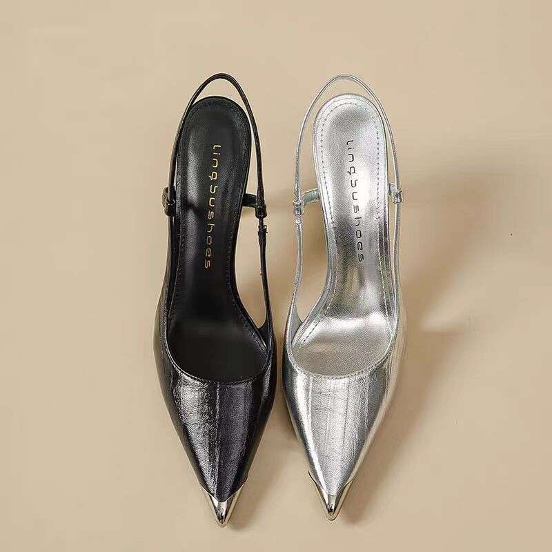 Designer Shoe Silver Sandals for Women 2025 Autumn New French Style High-end Closed Toe Backless Dress Shoes with Thin High Heels