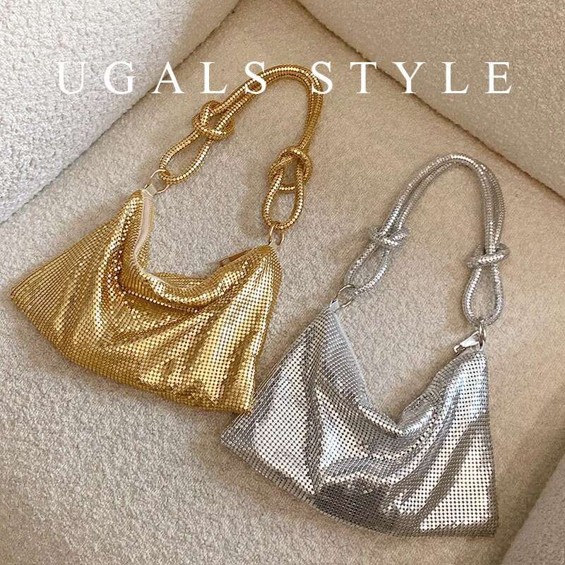 Fashion Metal Mesh Women Shoulder Bags Designer Gold Handbags Shinny Knot Strap Evening Bag Glitter Large Tote Party Purse 2023