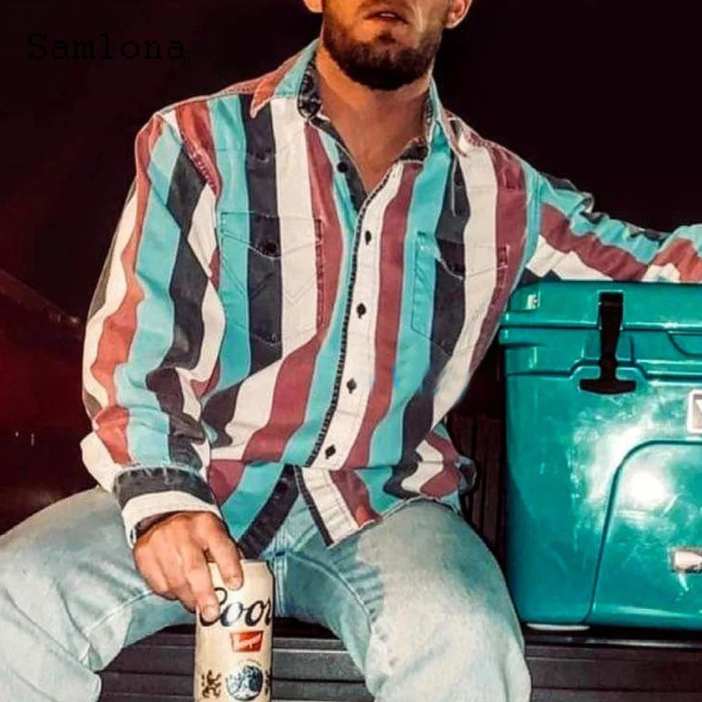 Mens casual pocket shirt Long sleeve basic top Retro striped shirt Fried Dough Twists collar shirt Blue oversize mens clothing 4xl 250403