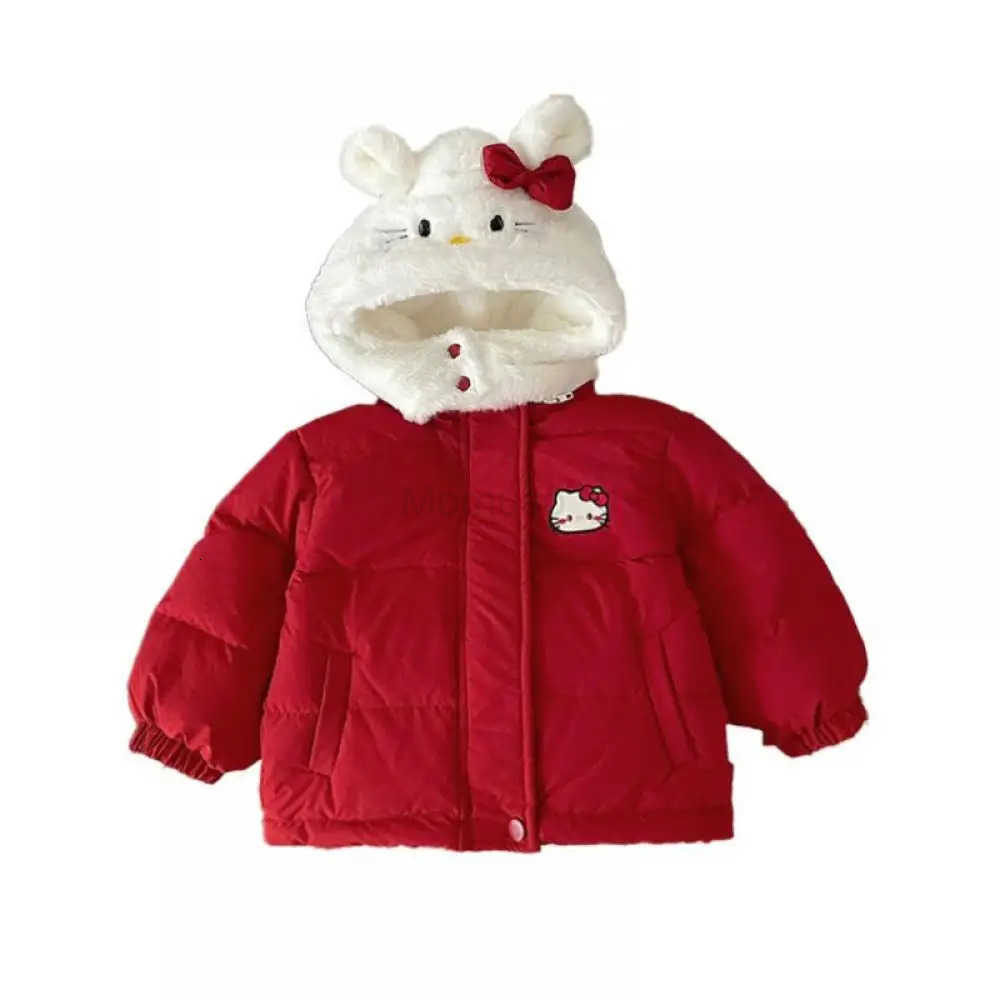 Sanrio Hello Kitty New Cute Red Coat Girls Autumn Winter College Style Cotton Jacket Plush Hooded Y2K Japanese Style Zipper Tops H251104