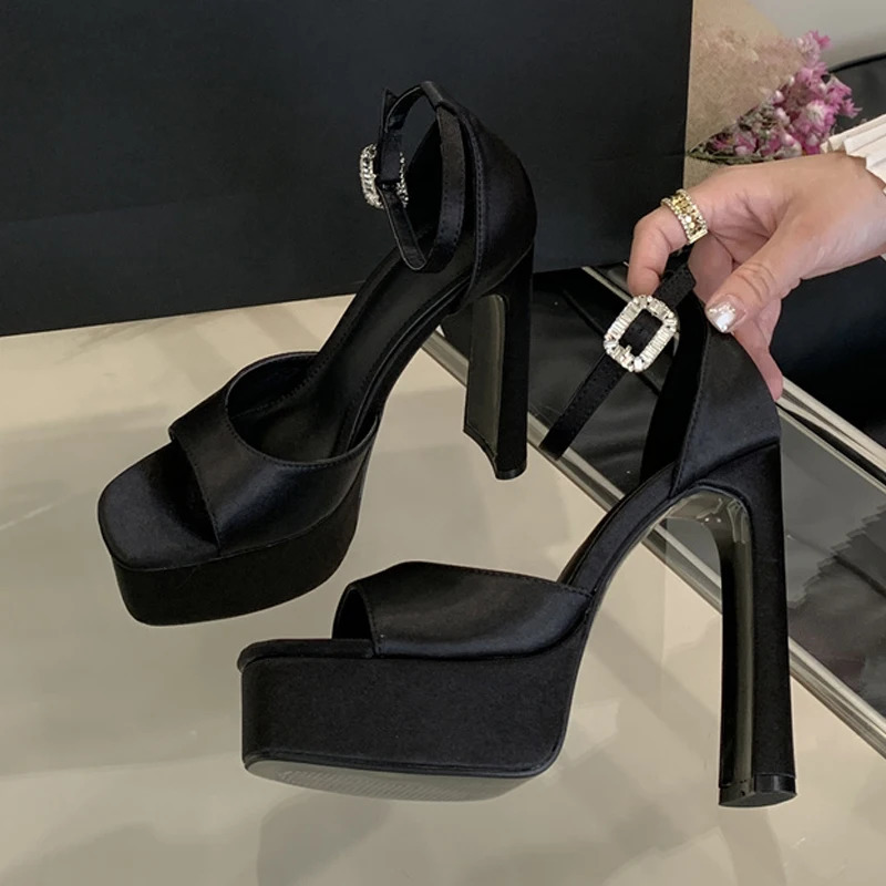 Liyke Runway Style Black High Heels Platform Sandals For Women Cozy Silk Square Toe Buckle Strap Lady Party Dress Shoes Size 40 251030