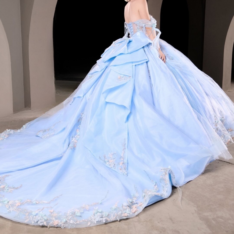 Sky Blue Shiny Quinceanera Dresses Off Shoulder Ball Gown Sweet 16 Dress Applique Flower Beads Tull Birthday Party Vestidos 15 Anos