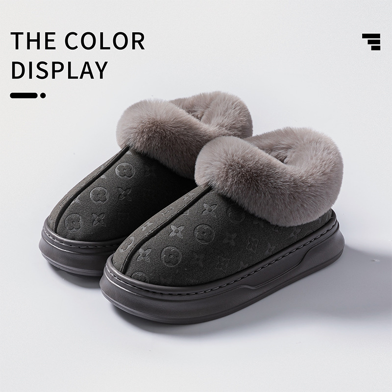 2025 High-quality home slippers for men and women couples imitation leather waterproof indoor non-slip home use warm soft-soled fleece-lined