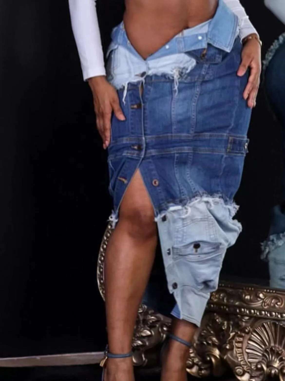 Getspring Women Jean Skirt 2024 Autumn Fashion High Waist Color Matching Single Breasted Split Irregular Blue Long Denim Skirts