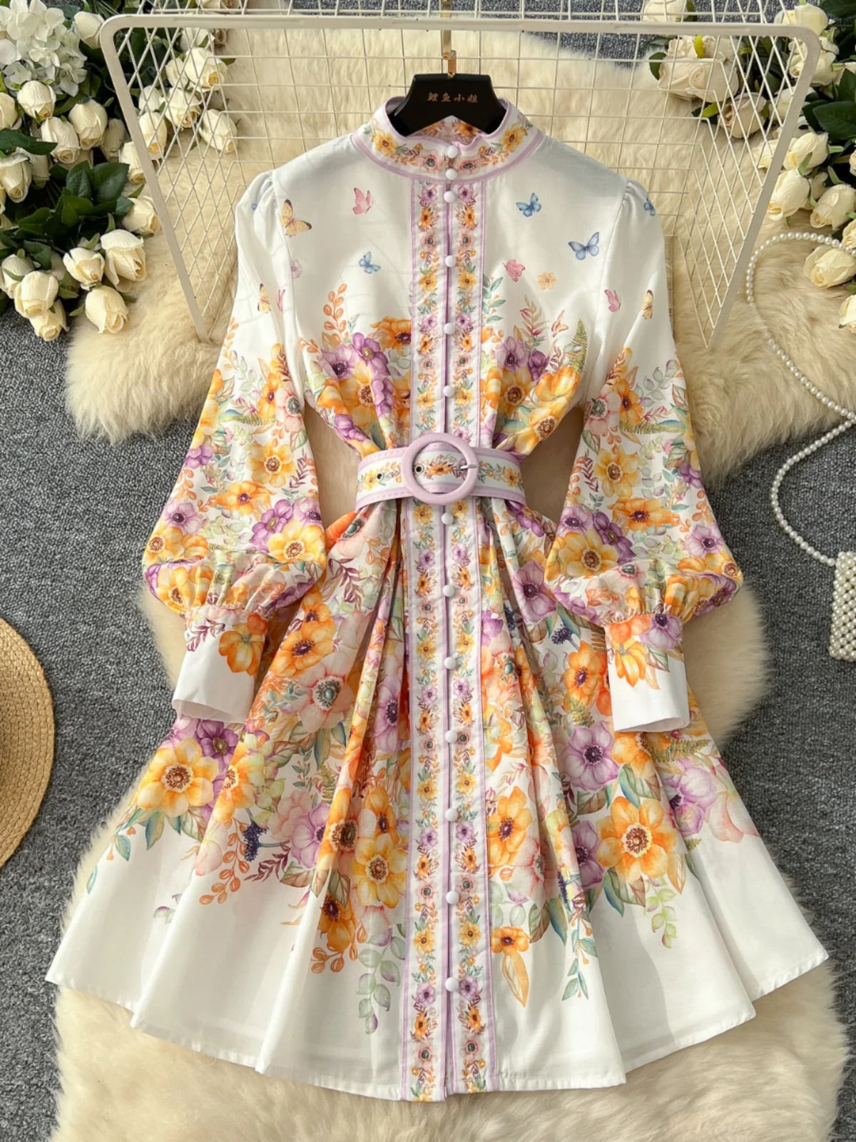 American Vintage Single Breasted Floral Short Dress Women Spring/summer Stand Collar Long Sleeve Elegant Shirt Mini Dresses 250403