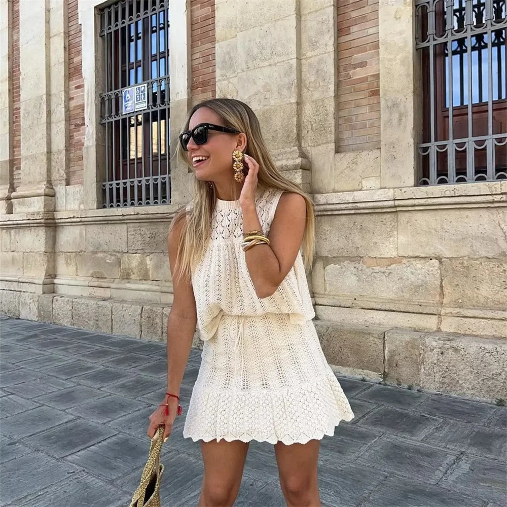 UNIZERA Autumn Product Womens Fashion Jacquard Hollow out Knitted Top Mini Short Skirt Set 250403