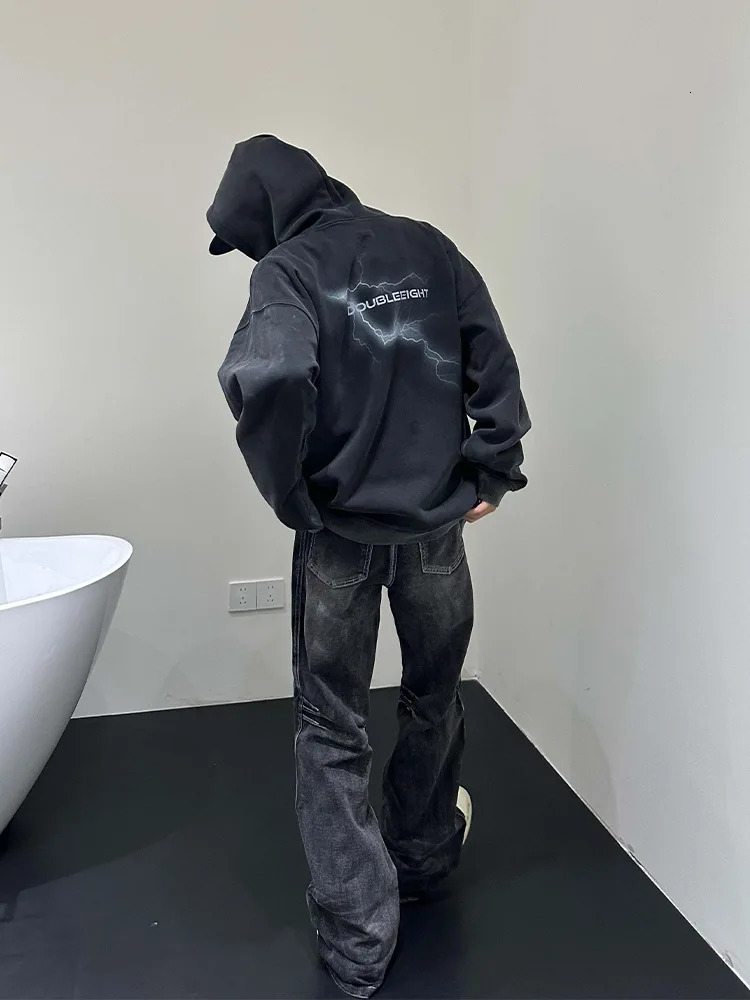 Mens flat pants denim pants floor length jeans casual pockets buttons zippers high waisted autumn patchwork straight Trousers 250402